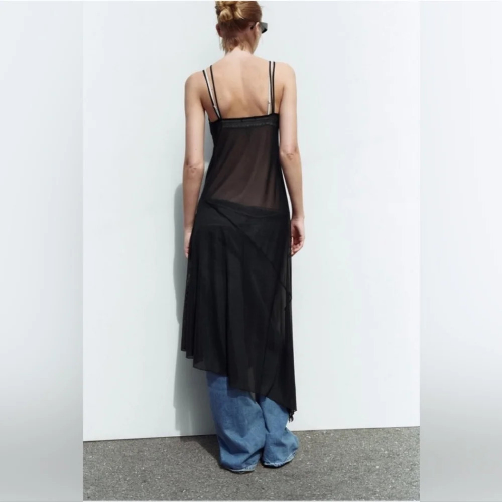 ZARA Tulle Mesh Asymmetrical Slip Dress In Black. Size Medium - Picture 4 of 16